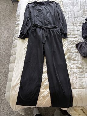 Black Two-Piece Lounge Set - Crewneck Top & Wide Leg Pants